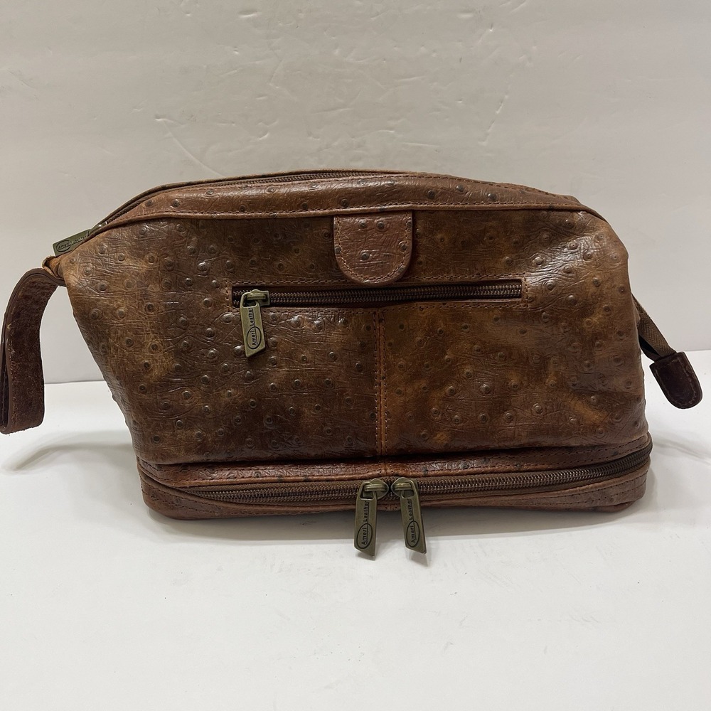 Vintage AmeriLeather Ostrich Brown Leather Toiletry Bag Doctor Style Zip Opening
